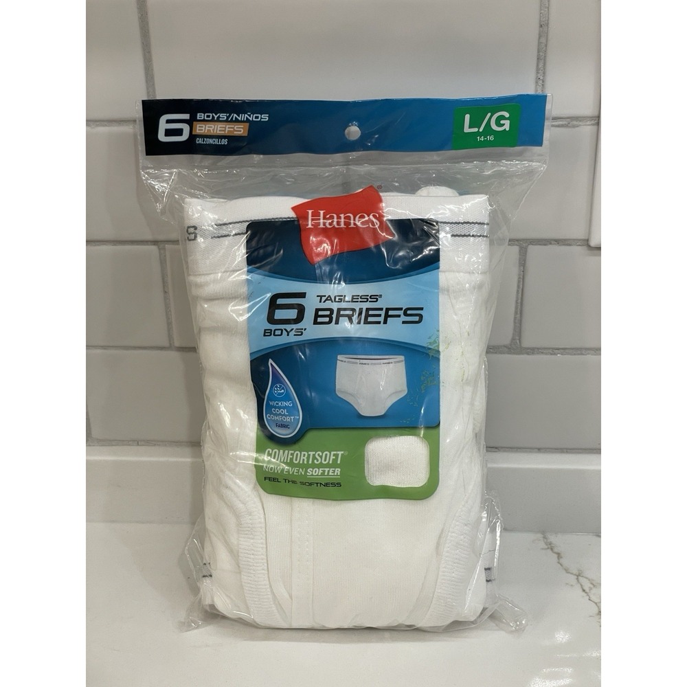 Hanes‎ Briefs Boys Size Large 14/16 Underwear Tagless 6 Pack White Comfort New